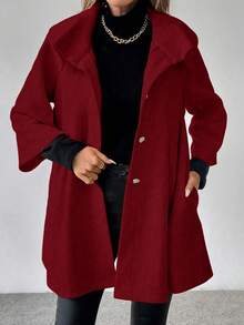 SHEIN LUNE Women's Solid Color Single-Breasted Raglan Sleeve Pleated Elegant Overcoat, Autumn/Winter - Burgundy - View 7