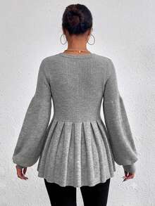Cloudara Lantern Sleeve Peplum Sweater - Light Grey - View 2