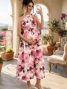 Momance Maternity Dress With Digital Printing, Shirred & Waistline Design - Watermelon Pink - View 3