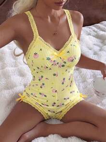 CottageSlumber Romantic Ditsy Floral Women's One-Piece Pajamas Pink Lace Cute Print Loungewear - Yellow - View 3