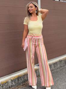 Jeta Ari Women's Striped Tie-Up Patchwork Long Pants,Cargo Pants - Orange - View 5