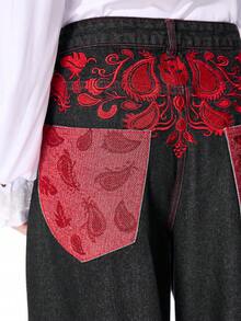 ROMWE MEN 男士刺繡圖案寬鬆牛仔長褲 - 黑色 - 查看 2