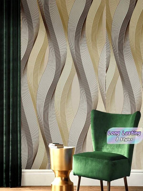 1Roll Wave Striped Wallpaper Gold Black Vinyl Self Adhesive Removable Waterproof Long Lasting Film For Room Wall Kitchen Home Bedroom Living Room Drawer Lining 1000 45cm