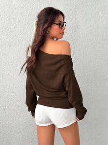 SHEIN EZwear 女款休閒純色不對稱領運動衫 - 棕色 - 查看 2