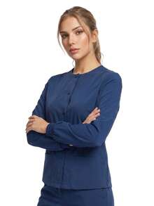 TaskEZ Deep Blue Long Sleeve Ribbed Cuff Crew Neck Multi-Pocket Convenient Comfortable Scrub Jacket - Blue - View 5
