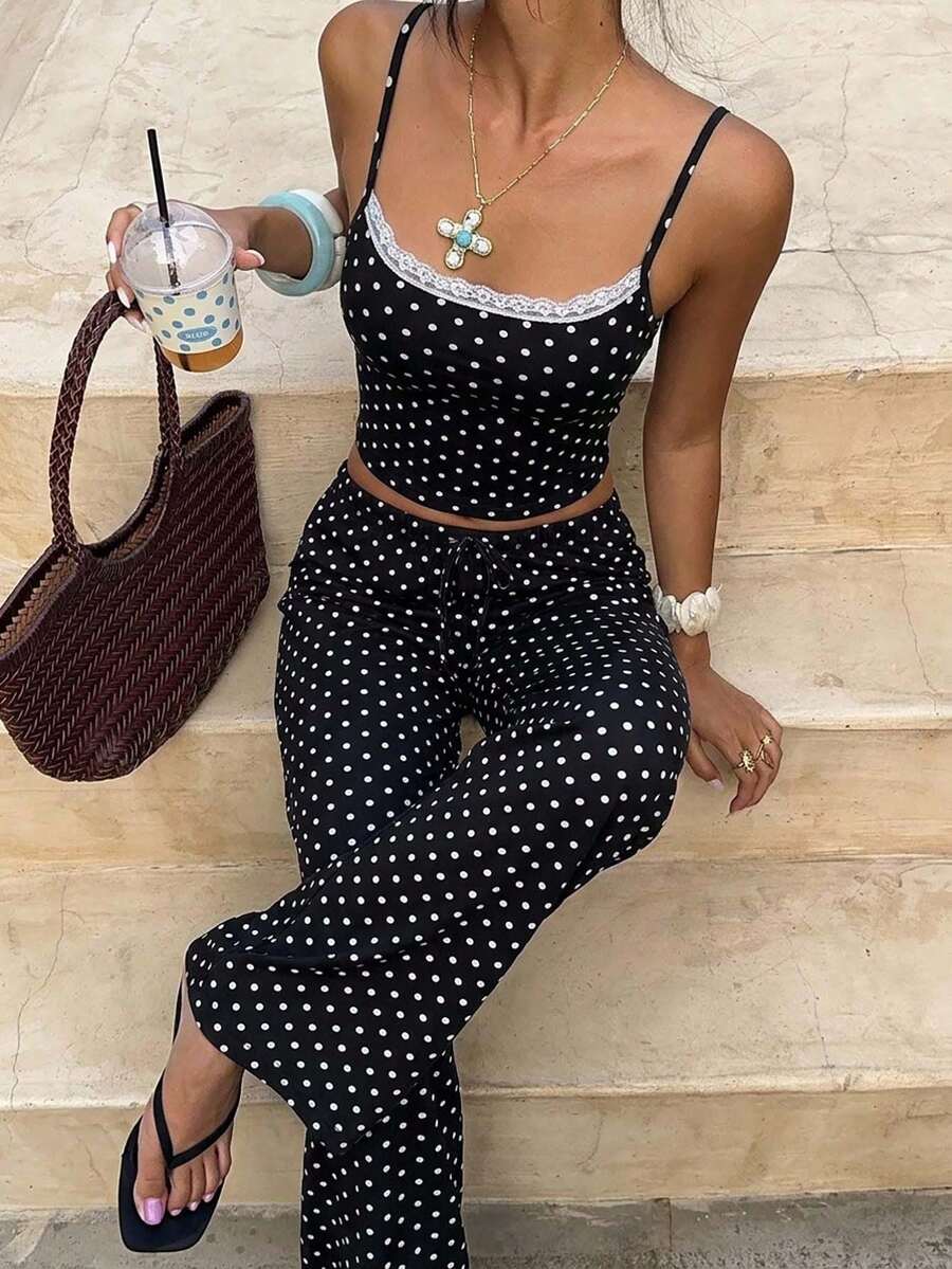 Aloruh Women's Casual Home Polka Dot Print Camisole & Long Pants Set