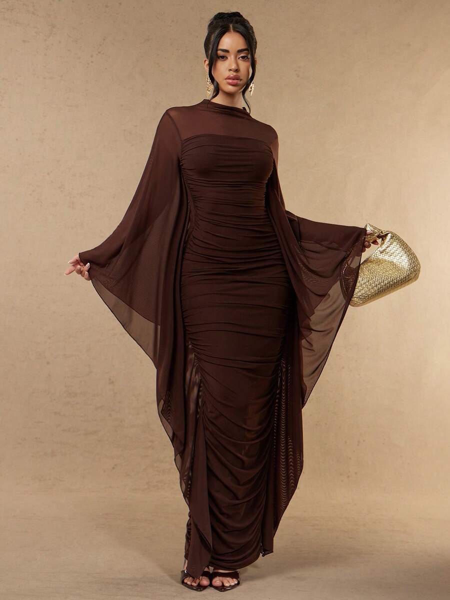 Silquee Gaun Panjang Elegan Wanita Warna Polos dengan Kerah Tegak, Lengan Mengembang, dan Lipatan, Pas Badan.