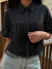 FRIFUL Women's Summer Spring Solid Color Layered Pleated Ruffle Patchwork Sheer Mesh Loose Casual Versatile Blouse - Black - View 5