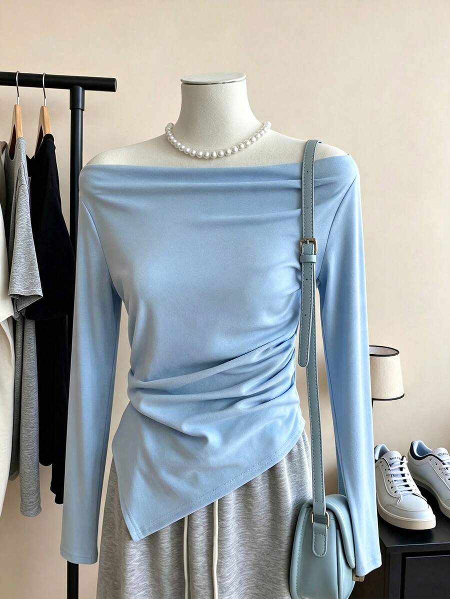 Lalippa Women's Solid Color Off-Shoulder Pleated Casual Versatile Daily Wear Top - Baby Blue - View 1