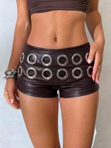 Aloruh Women's Ultra Low Waist Music Festival Hot Sexy Super Short Shorts With Rivets, Cutouts, Tie Dye PU Brown Hot Pants - Brown - View 1