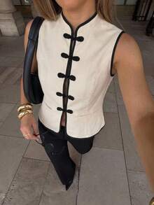 Siren Gaze Women's Beige Frog Button Contrast Trim Textured Vest,Chinese Knot Button,Casual Elegant, Frog Closures Tea Party Brunch Business Four Seasons Autumn - Multicolor - View 2