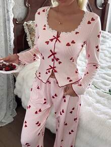CottageSlumber Romantic Lace Trim Striped Heart Print Knit Textured Bow Decor Long Sleeve Long Pants Pajama Set Autumn/Winter Women - Multicolor - View 4