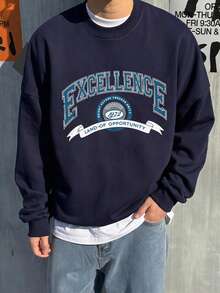 DAZY Sweatshirt Pullover Pria Model Longgar Pendek Kerah Bulat dengan Lapisan Termal untuk Musim Gugur/Dingin, Warna Biru Tua, Motif Huruf - Navy Blue - View 2