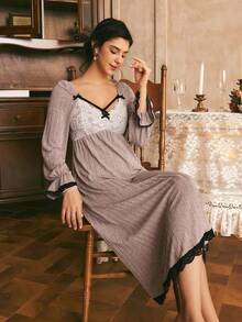 Côtesoire Women's Lace Patchwork Pleated Casual Daily Home Sleep Dress - Pink - View 3