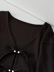 Teen Girls Casual Solid Color Tie-Front Long Sleeve Shirt - Coffee Brown - View 6
