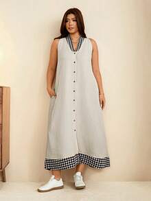 Edennvi Plus Size Summer Casual Traditional Plaid Patchwork Sleeveless Dress Formal Vacation Grey And Pink - Multicolor - View 7