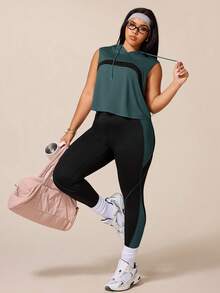 SHEIN Rhythm Era 女款運動瑜伽戶外健身運動套裝 抽繩連帽無袖寬鬆運動衫，胸前弧形拼色設計，搭配線條拼色對比緊身褲 - 彩色 - 查看 5