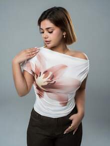 SARA VAULT Women's Casual Printed Asymmetric-Shoulder Top Summer - Brown - View 3