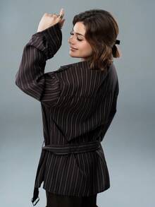 SARA VAULT Autumn Spring Brown Artistic Style Fine Striped Colorblock Patchwork Loose Business Casual Vacation Fashion Street Metal Belt Ruched Button Long Sleeve Women's Shirt - Brown - View 2