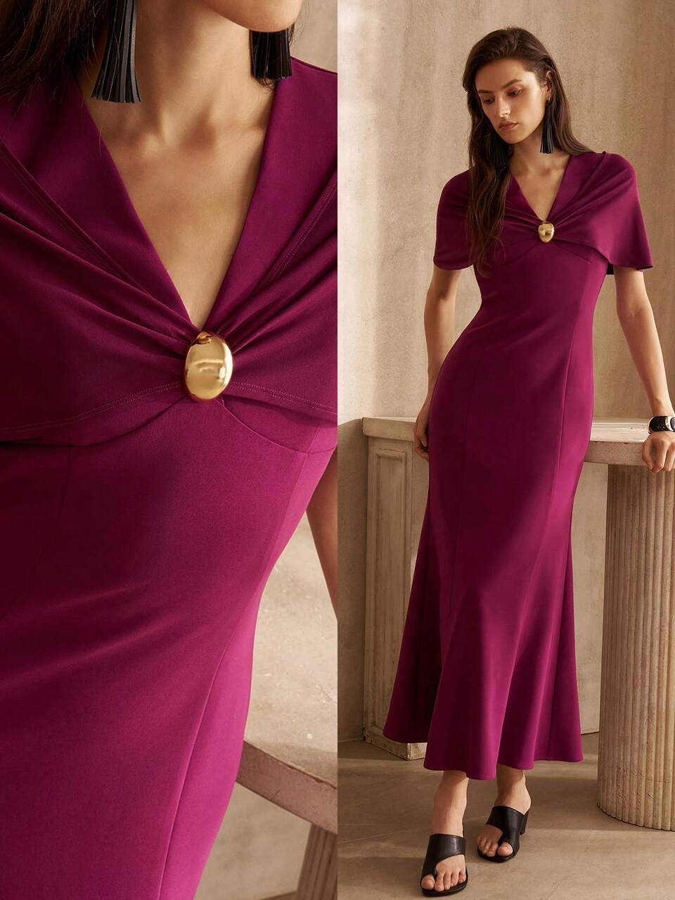 MOTF WOMEN'S AUTUMN/WINTER METAL DECOR V-NECK SHORT SLEEVE MERMAID MID-LENGTH DRESS, FASHIONABLE COMMUTER STYLE DINNER COCKTAIL MAGENTA MATURE