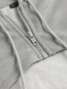 SHEIN EZwear 女款落肩拉鍊抽繩短版運動衫，不含內搭背心，淺灰色，秋冬款 - 淺灰色 - 查看 3