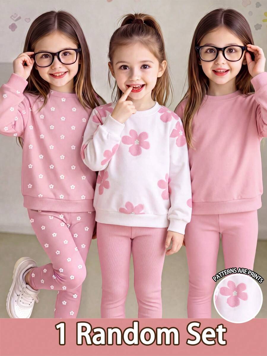 Playful Pals YoungGirl 2pcs Set Sweet Cute Girl 3D Floral Print Long Sleeve Sweatshirt With Pink Ribbed Long Pants, Casual Minimalist Daily Wear For Autumn/Winter - Multicolor - View 1