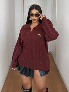 Maweii Sweater Pullover Leher Polo Bordir Lengan Lentera Motif Berlian Rajutan Kabel Vintage Ukuran Besar untuk Wanita - Merah - View 2