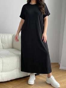 Dazy Plus Solid Color Casual Loose Long Black Versatile Knit Dress - Black - View 6