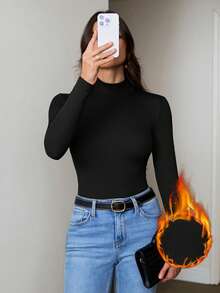 SHEIN Tall 女款素色立領修身百搭日常長袖T恤 - 黑色 - 查看 5