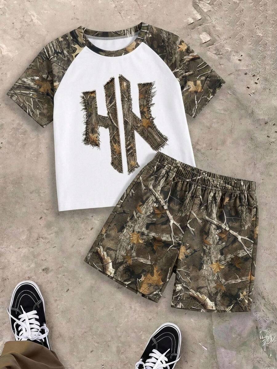 兒童青少年男孩夏季紮染刺繡短袖T恤與短褲兩件套,獨特配色拼色插肩袖休閒校服 - 彩色 - 查看 1