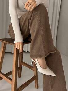 DAZY Quần jeans dài ống rộng màu trơn dành cho nữ, phù hợp với người chân dài. - màu nâu - Xem 7