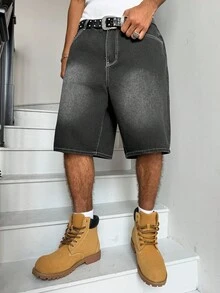 Manfinity Hypemode Shorts de Mezclilla Unisex con Diseño de Bolsa en Bolsa Estilo Hip-Hop Americano - Gris - Ver 2