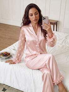 Rafferiza 3pcs Floral Lace Heart Mesh Splice Faux Silk Women Long Sleeve Top And Pants Pajama Set, Fall Winter Clothes - Pink - View 4