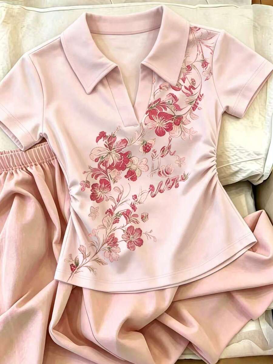 Resyla 女款夏季休閒花卉印花 Polo 衫與長褲 2 件套裝 - 彩色 - 查看 1