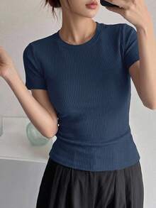 DAZY 女士修身纯色圆领短袖休闲 T 恤 - 霧霾藍 - 查看 11