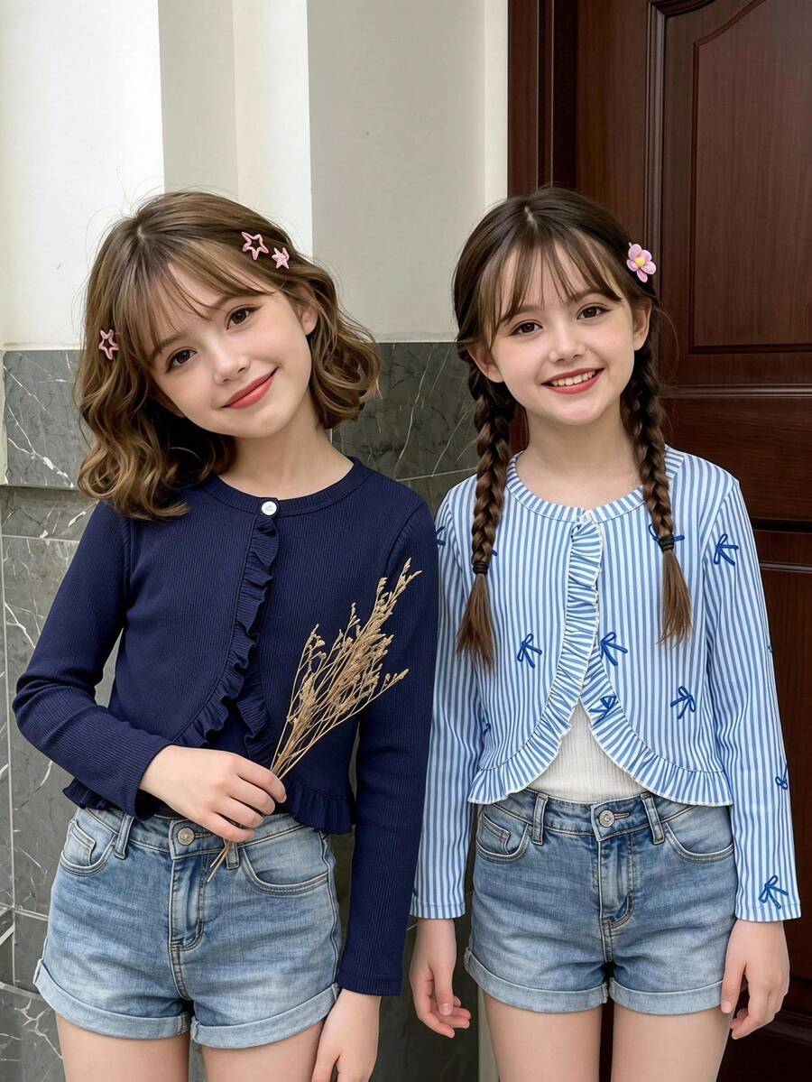 SHEIN Elladie kids 女童蝴蝶結印花純色長袖針織開襟衫簡約風多件套適春夏秋休閒日常穿著 - 藏蓝色 - 查看 1