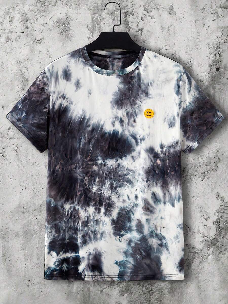 Mainfolk Men Tie Dye Cartoon Face Print Short Sleeve Tee, For Going Out, For Friends, Vacation, Father's Day Gifts, Football - Multicolor - View 1