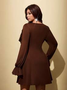 Viva Relle Plus Size Women's Solid Color Collar Patchwork Ruffle Hem Fashion Dress - Brown - View 4