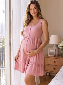 GentleRue Maternity Maternity Solid Color Ruched Button Design Nursing Slip Dress Baby Shower Summer - Pink - View 1
