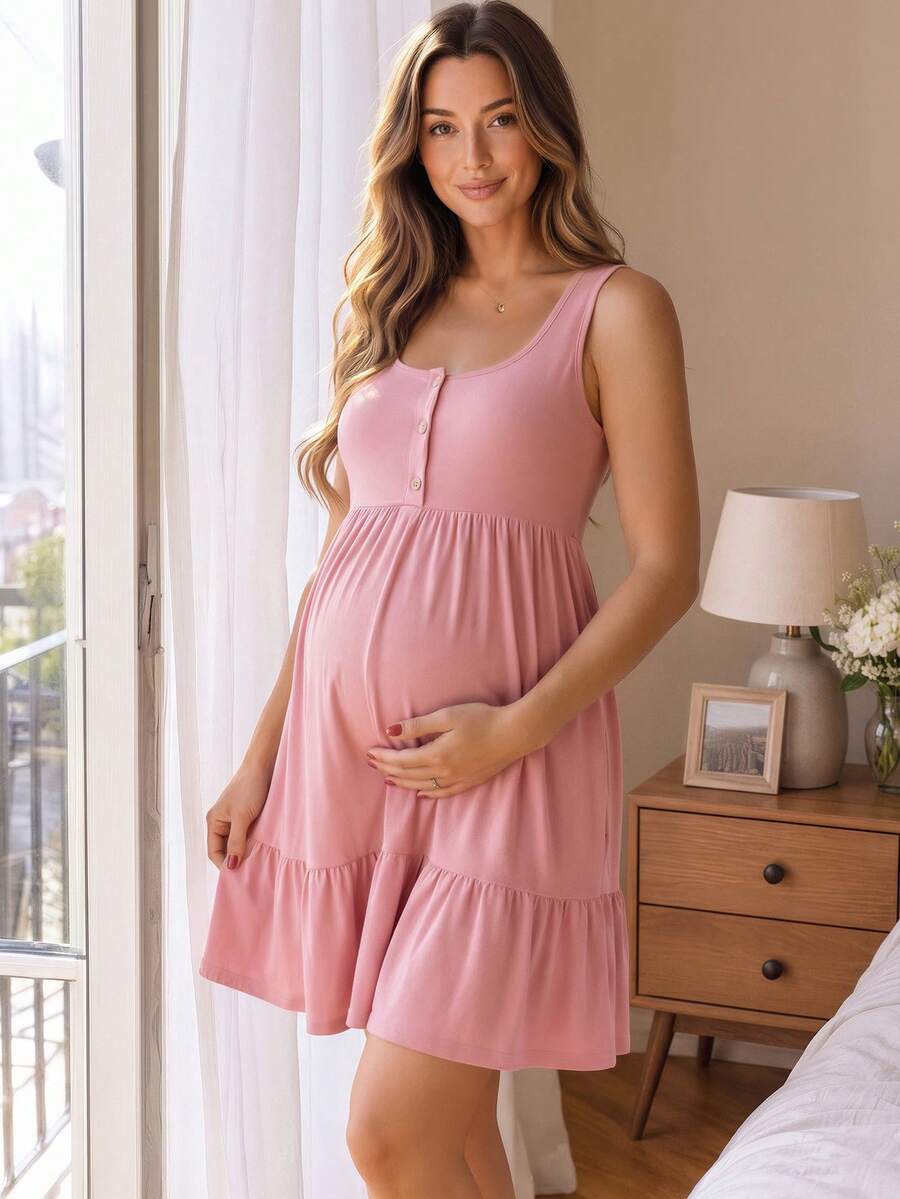 GentleRue Maternity Maternity Solid Color Ruched Button Design Nursing Slip Dress Baby Shower Summer - Pink - View 1
