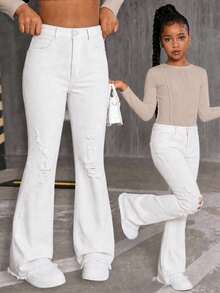 SHEIN ChillGRL TWEEN GIRLS 青少年女孩牛仔褲 復古水洗色 街頭時尚 水洗磨損毛邊喇叭褲 百搭時尚新款 - 白色 - 查看 1
