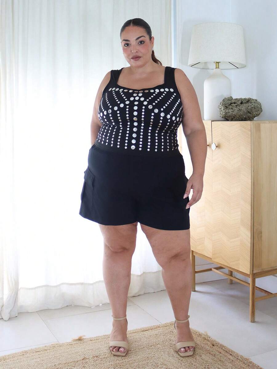 Pretty and Ole 大尺碼女款純色口袋休閒百搭短褲 黑色 夏季 - 黑色 - 查看 1