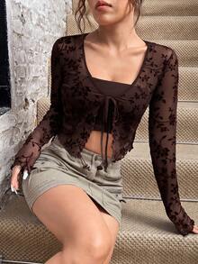 SHEIN EZwear Women's All-Over Print Casual Versatile Everyday Top - Brown - View 4