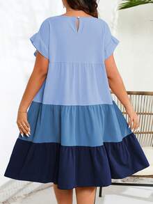 Breezaya Plus Size Color Block Ruffle Hem Round Neck Short Sleeve Dress - Blue - View 2