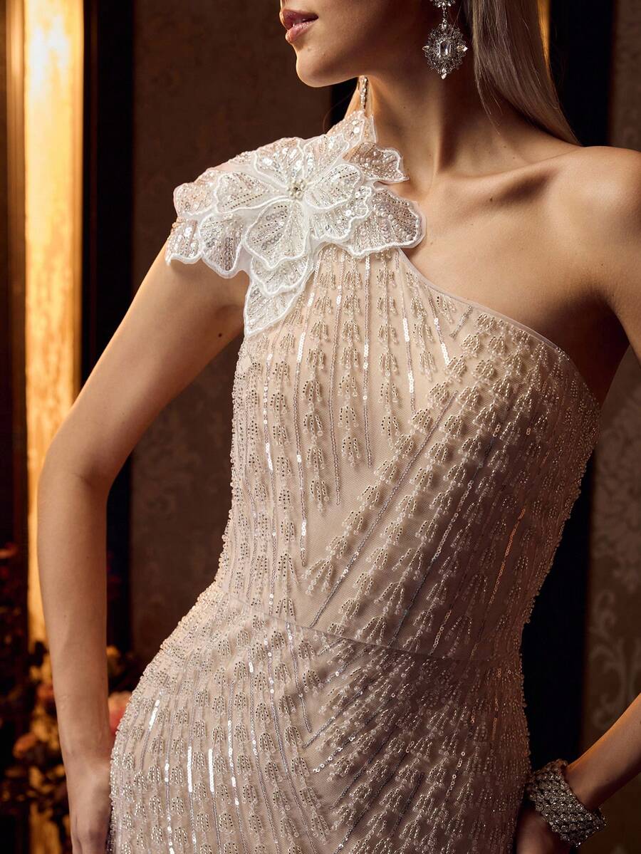 MOTF Soiréza ELEGANT WOMEN'S ONE SHOULDER BEADED MERMAID HEM MAXI GOWN WITH 3D FLOWER DETAIL FOR FORMAL PARTY