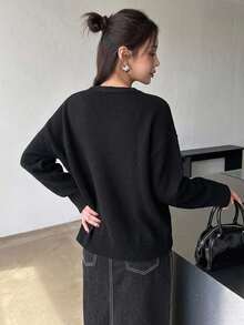 DAZY Women's Solid Color V-Neck Casual Versatile Daily Wear Long Sleeve Sweater - Black - View 3