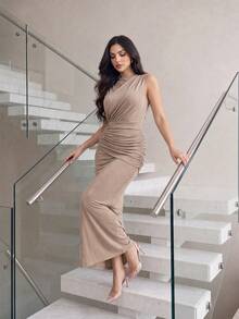 Modelyn Sleeveless High Neck Pleated Versatile Elegant Cocktail Party Dress - Khaki - View 5