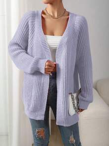 SHEIN LUNE 休閒百搭素色女款開襟羊毛衫 - 淡紫色 - 查看 5