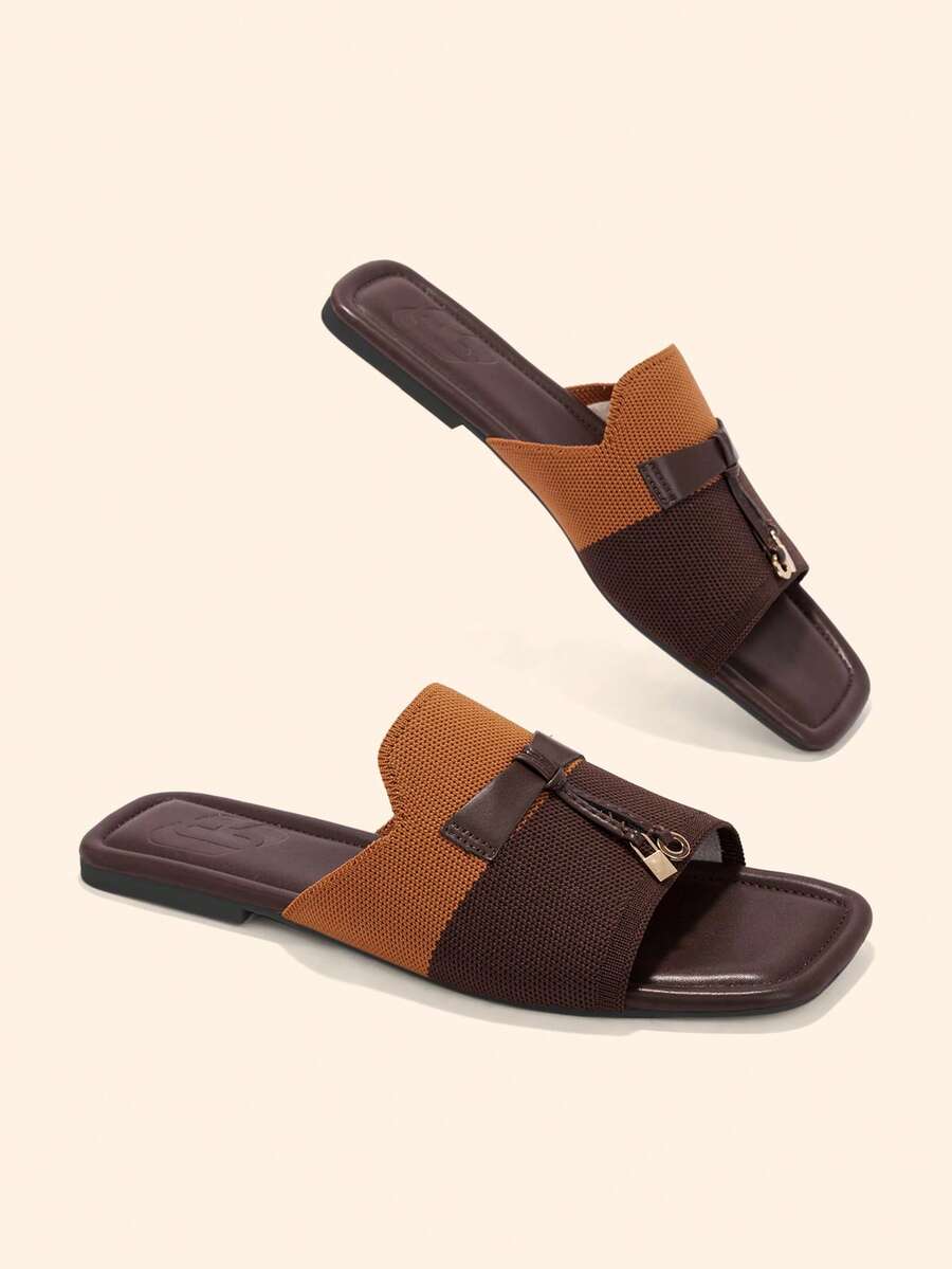 CUCCOO BASICS Square Toe Flat Bottom Brown Building Color Knitted Simple Comfortable Breathable Women's Fashion Flat Bottom Sandals Slippers Daily Versatile Commute - Brown coffee - View 1
