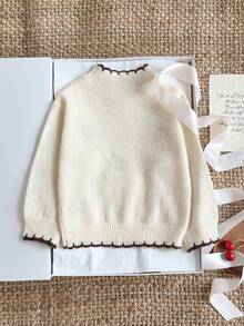 SHEIN 適合日常、旅行、度假、居家與返校，年輕女孩櫻桃印花針織衫，秋季款 - 米色 - 查看 2